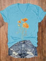 Watercolor Flower Print V-neck Women's T-shirt