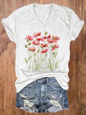 Poppies Floral Print V-neck Women's T-shirt