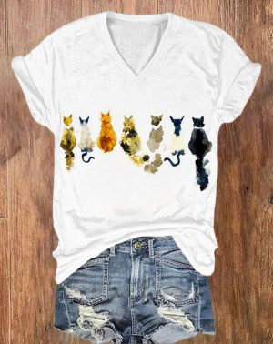 Lovely Cats Back View Print V-neck Women's T-shirt