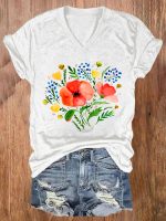 Flowers And Leaves Print Women's V-neck T-shirt