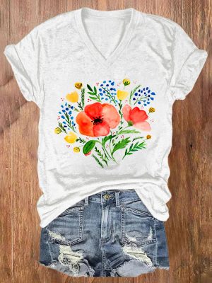 Flowers And Leaves Print Women's V-neck T-shirt