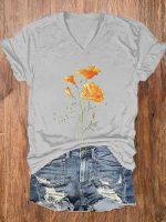 Watercolor Flower Print V-neck Women's T-shirt