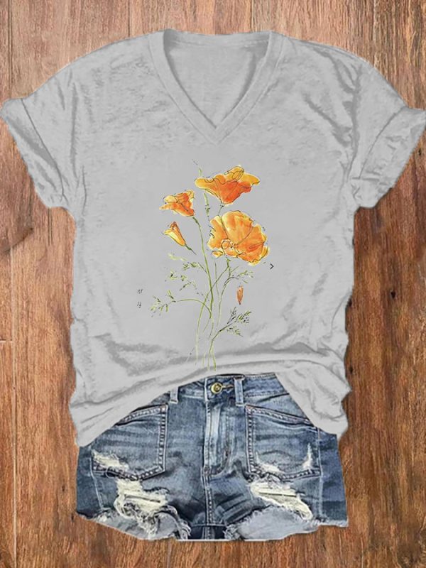Watercolor Flower Print V-neck Women's T-shirt