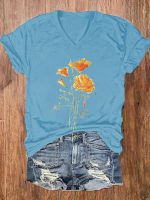 Watercolor Flower Print V-neck Women's T-shirt